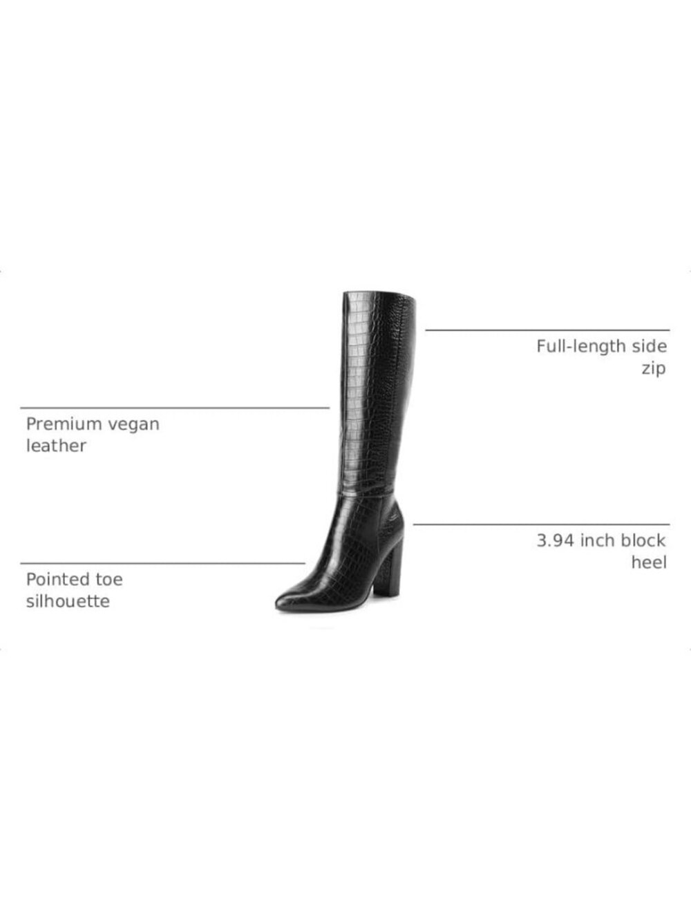 Women's Black-Croco Faux Leather Chunky Heel Pointed Toe Side Zip Knee High Boot - Picture 3 of 8